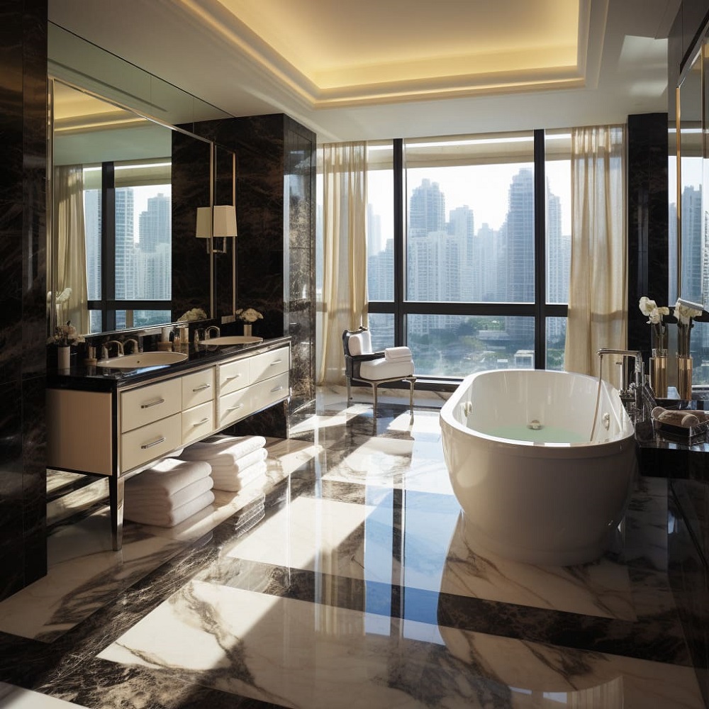 The-interior-design-of-this-bathroom-showcases-a-sleek-free-standing-vanity-with-marble-countertops.